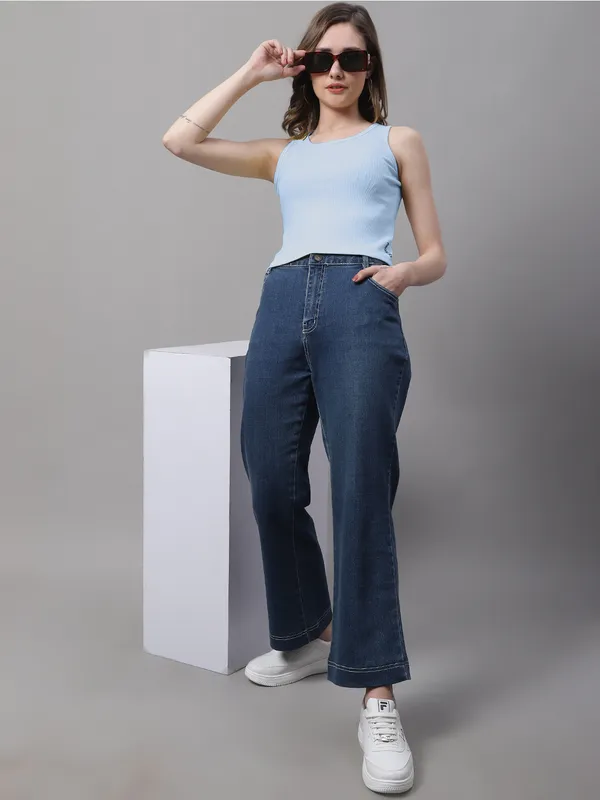Turquoise_Cotton_Rib_Round_Neck_Crop_Top_For_Women