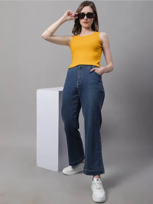 Gold_Cotton_Rib_Round_Neck_Crop_Top_For_Women