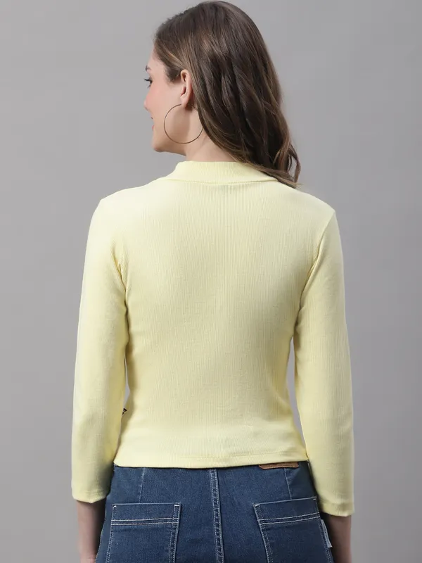 Yellow_Cotton_Rib_Turtle_Neck_Long_Sleeve_Crop_Top_For_Women