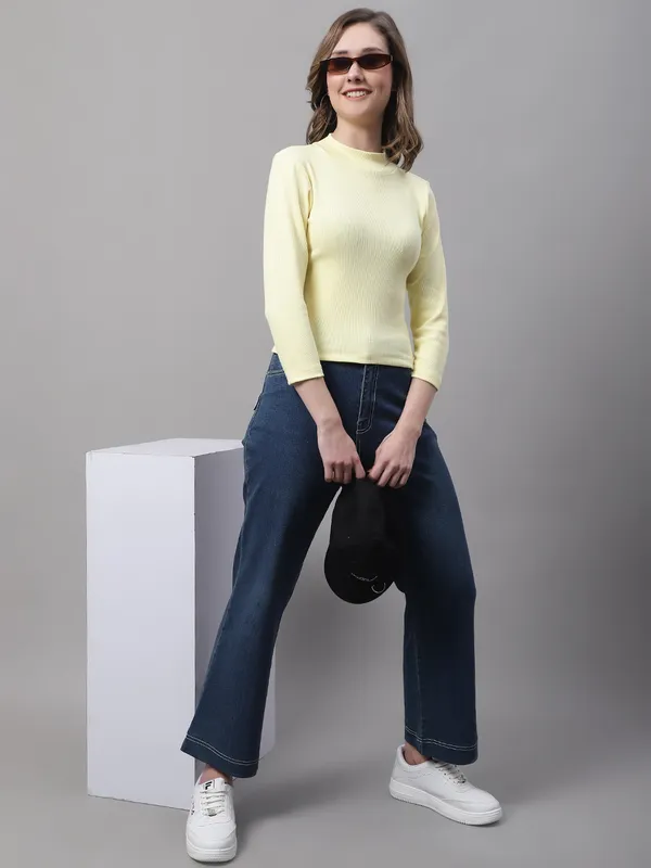 Yellow_Cotton_Rib_Turtle_Neck_Long_Sleeve_Crop_Top_For_Women