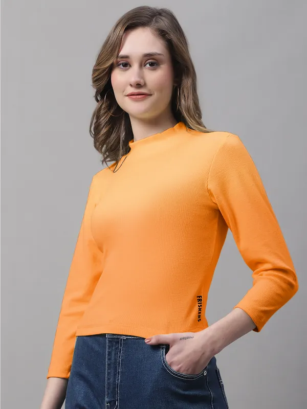 Orange_Cotton_Rib_Turtle_Neck_Long_Sleeve_Crop_Top_For_Women