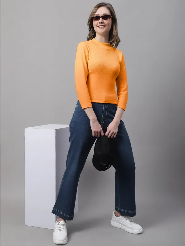 Orange_Cotton_Rib_Turtle_Neck_Long_Sleeve_Crop_Top_For_Women