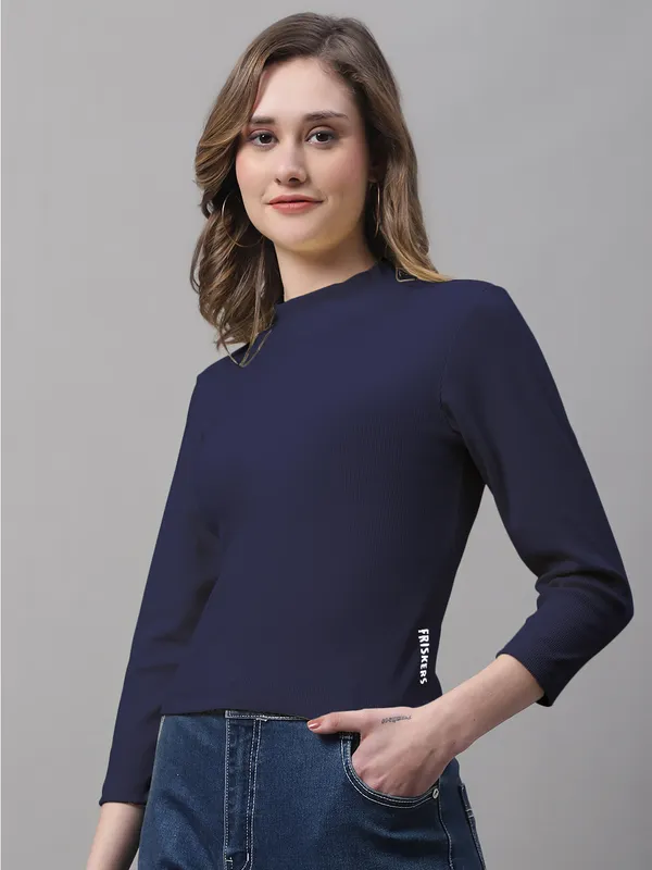 Navy_Cotton_Rib_Turtle_Neck_Long_Sleeve_Crop_Top_For_Women