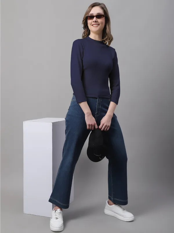 Navy_Cotton_Rib_Turtle_Neck_Long_Sleeve_Crop_Top_For_Women