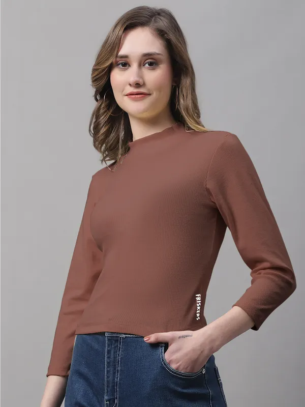 Orange_Cotton_Rib_Turtle_Neck_Long_Sleeve_Crop_Top_For_Women