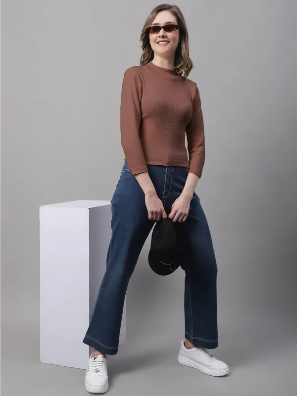 Orange_Cotton_Rib_Turtle_Neck_Long_Sleeve_Crop_Top_For_Women