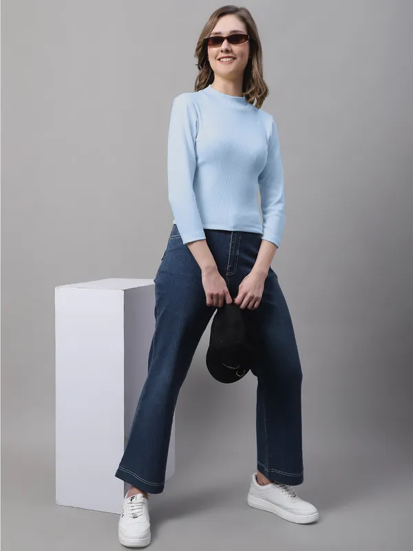 Turquoise_Blue_Cotton_Rib_Turtle_Neck_Long_Sleeve_Crop_Top_For_Women