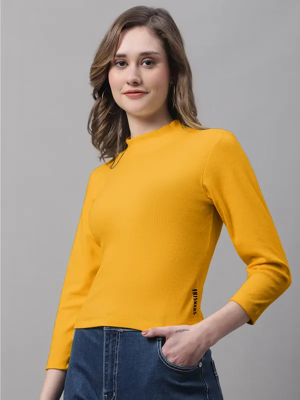 Gold_Cotton_Rib_Turtle_Neck_Long_Sleeve_Crop_Top_For_Women