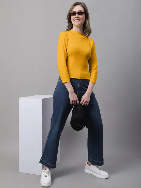 Gold_Cotton_Rib_Turtle_Neck_Long_Sleeve_Crop_Top_For_Women