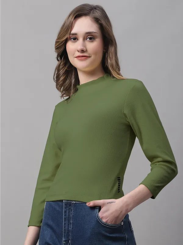 Olive_Cotton_Rib_Turtle_Neck_Long_Sleeve_Crop_Top_For_Women