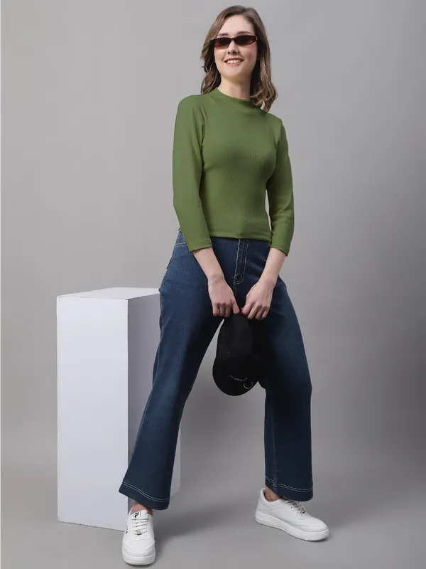 Olive_Cotton_Rib_Turtle_Neck_Long_Sleeve_Crop_Top_For_Women
