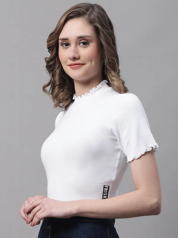 White_Cotton_Rib_Turtle_Neck_Short_Sleeve_Crop_Top_For_Women