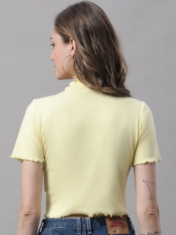 Yellow_Cotton_Rib_Turtle_Neck_Short_Sleeve_Crop_Top_For_Women