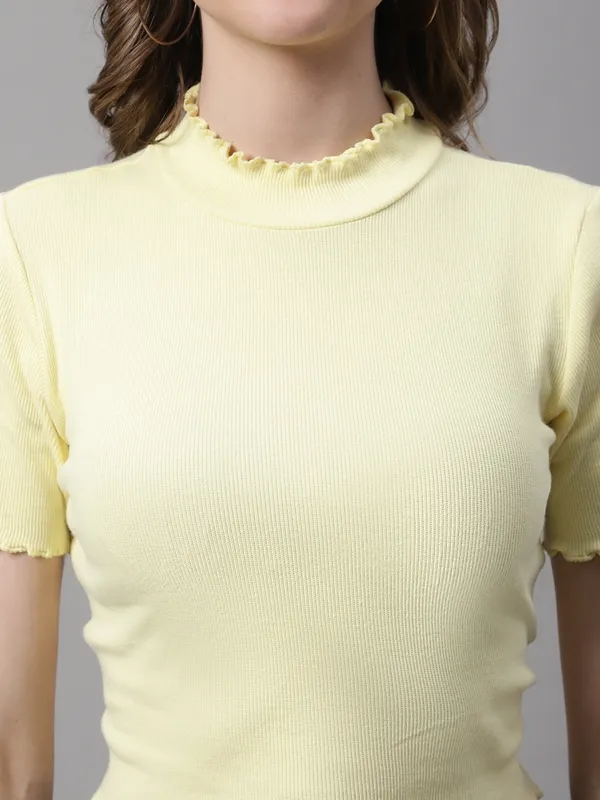 Yellow_Cotton_Rib_Turtle_Neck_Short_Sleeve_Crop_Top_For_Women