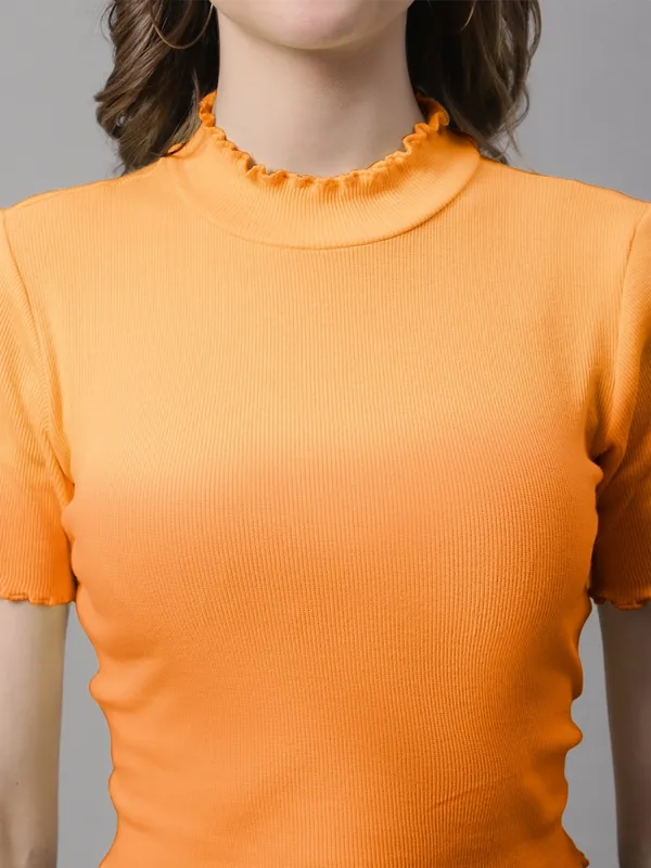 Orange_Cotton_Rib_Turtle_Neck_Short_Sleeve_Crop_Top_For_Women