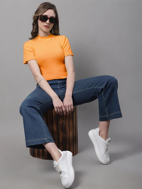Orange_Cotton_Rib_Turtle_Neck_Short_Sleeve_Crop_Top_For_Women