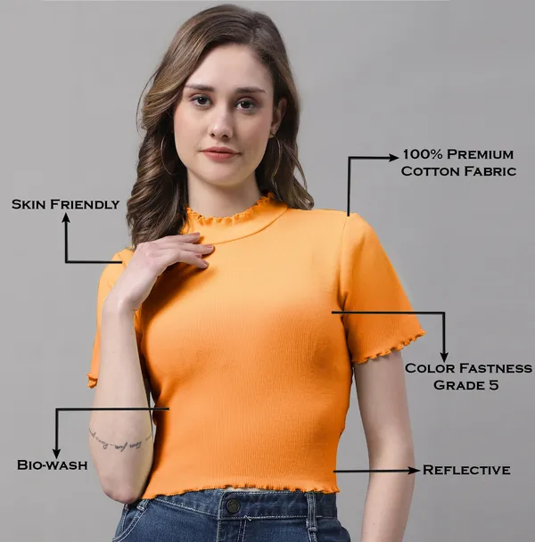 Orange_Cotton_Rib_Turtle_Neck_Short_Sleeve_Crop_Top_For_Women