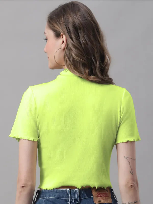 Parrot_Green_Cotton_Rib_Turtle_Neck_Short_Sleeve_Crop_Top_For_Women