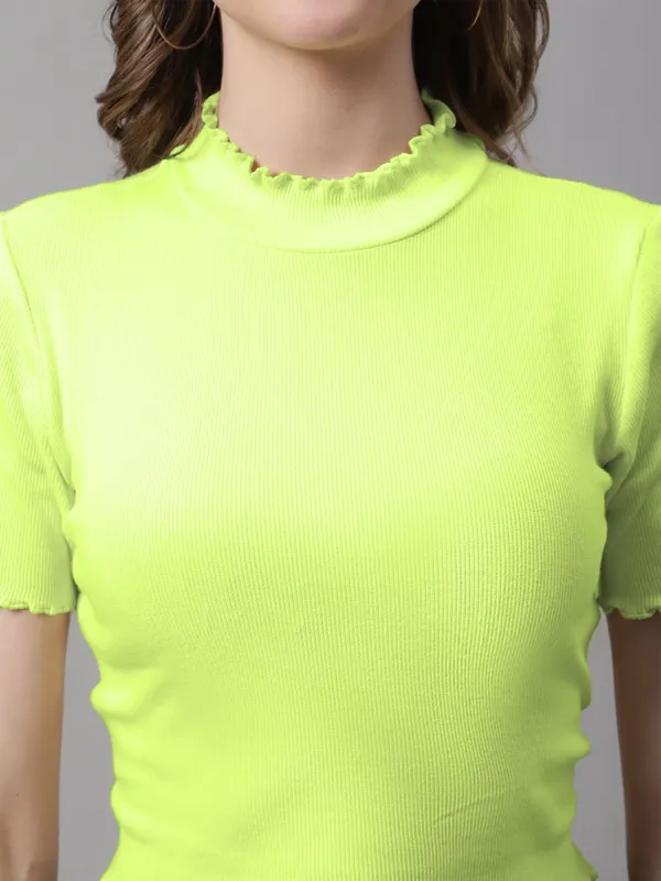 Parrot_Green_Cotton_Rib_Turtle_Neck_Short_Sleeve_Crop_Top_For_Women