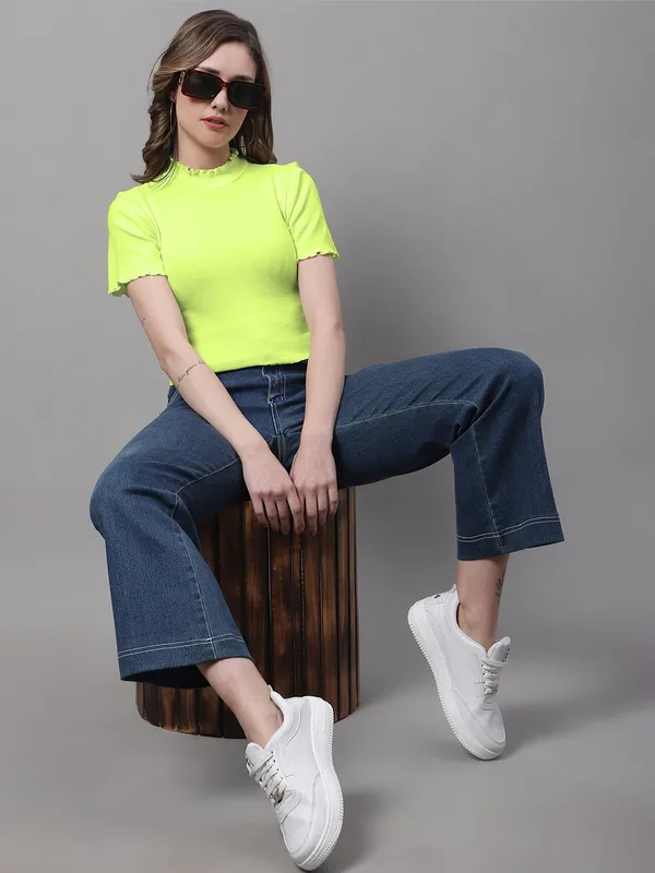 Parrot_Green_Cotton_Rib_Turtle_Neck_Short_Sleeve_Crop_Top_For_Women