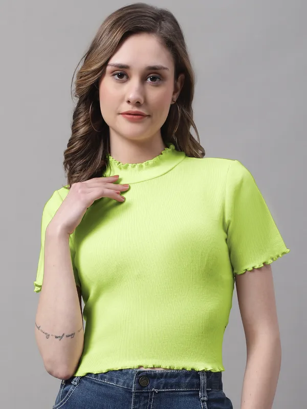 Parrot_Green_Cotton_Rib_Turtle_Neck_Short_Sleeve_Crop_Top_For_Women