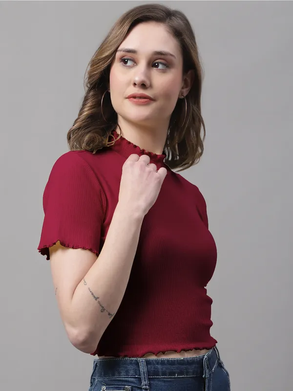 Maroon_Cotton_Rib_Turtle_Neck_Short_Sleeve_Crop_Top_For_Women