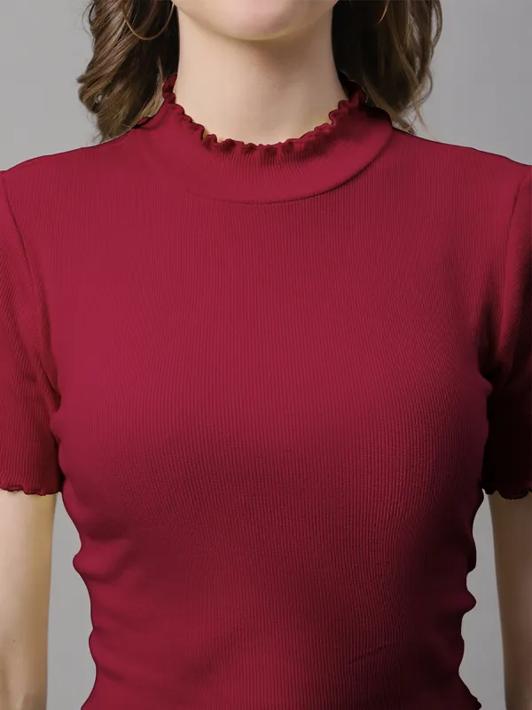 Maroon_Cotton_Rib_Turtle_Neck_Short_Sleeve_Crop_Top_For_Women