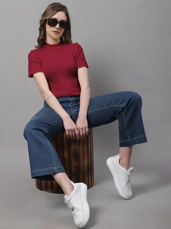 Maroon_Cotton_Rib_Turtle_Neck_Short_Sleeve_Crop_Top_For_Women