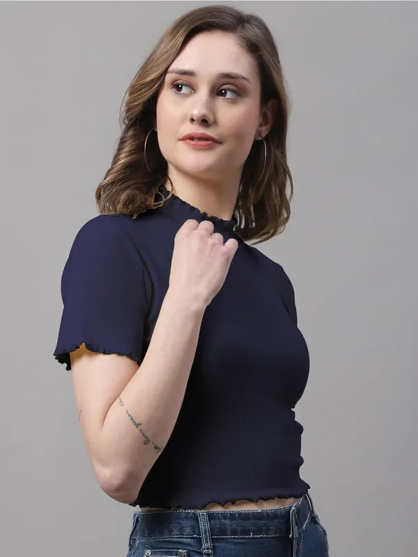 Navy_Blue_Cotton_Rib_Turtle_Neck_Short_Sleeve_Crop_Top_For_Women