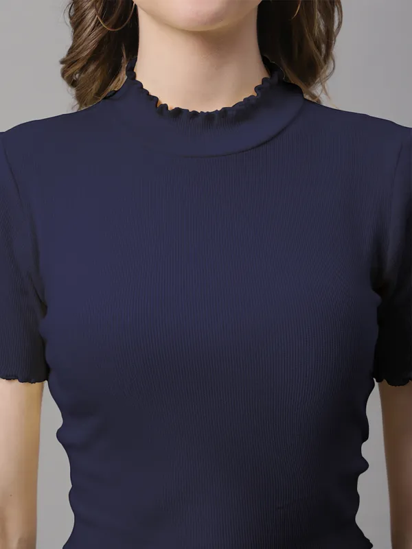 Navy_Blue_Cotton_Rib_Turtle_Neck_Short_Sleeve_Crop_Top_For_Women