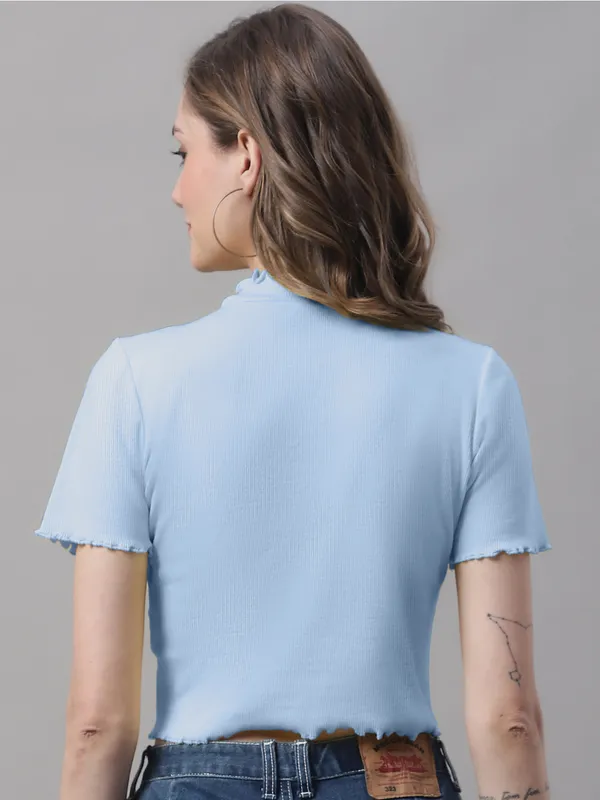Turquoise_Cotton_Rib_Turtle_Neck_Short_Sleeve_Crop_Top_For_Women