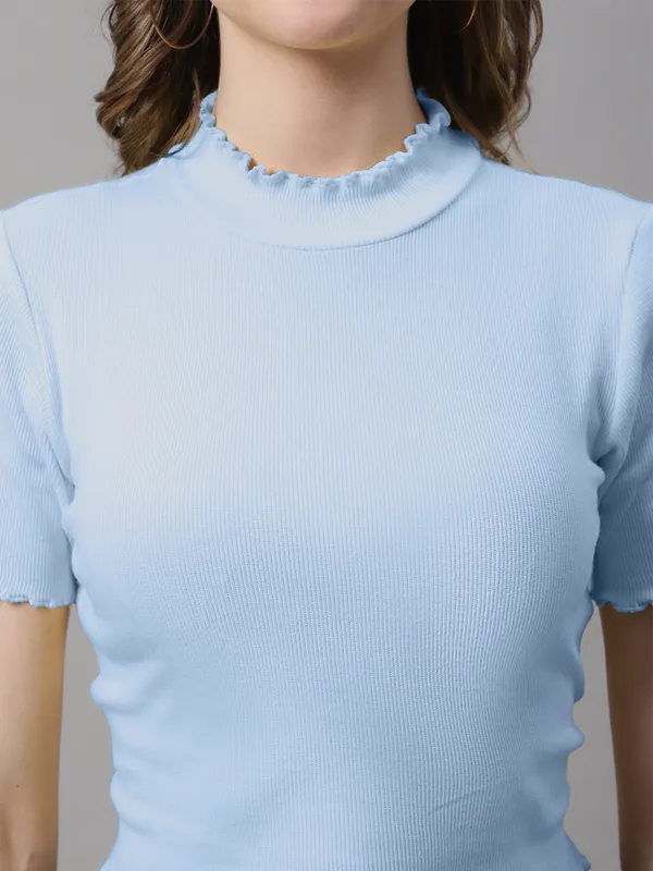 Turquoise_Cotton_Rib_Turtle_Neck_Short_Sleeve_Crop_Top_For_Women