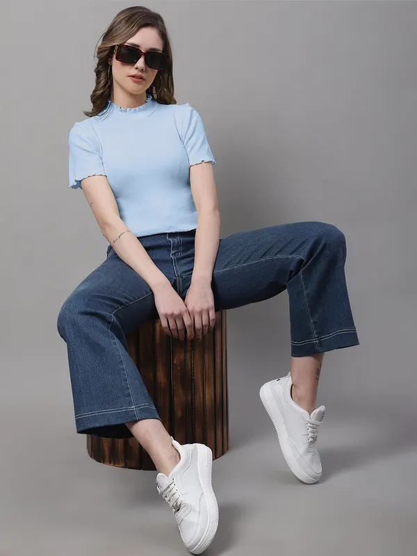 Turquoise_Cotton_Rib_Turtle_Neck_Short_Sleeve_Crop_Top_For_Women