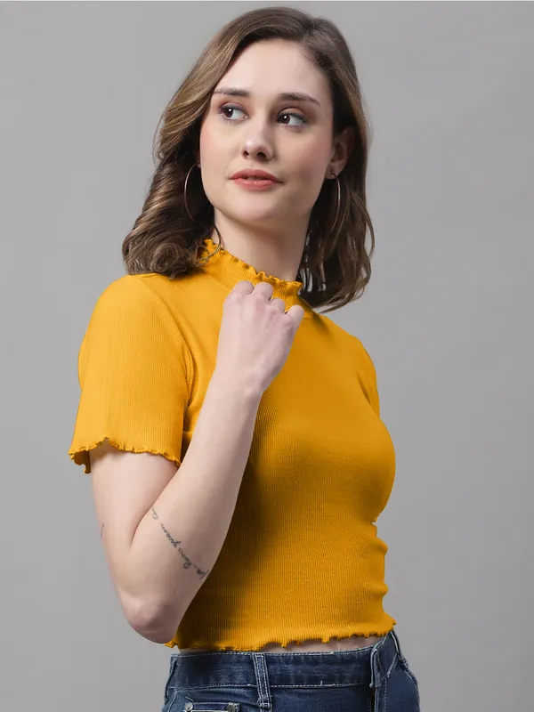 Gold_Cotton_Rib_Turtle_Neck_Short_Sleeve_Crop_Top_For_Women