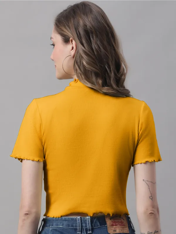 Gold_Cotton_Rib_Turtle_Neck_Short_Sleeve_Crop_Top_For_Women