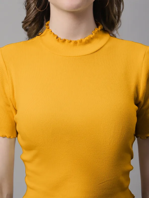 Gold_Cotton_Rib_Turtle_Neck_Short_Sleeve_Crop_Top_For_Women