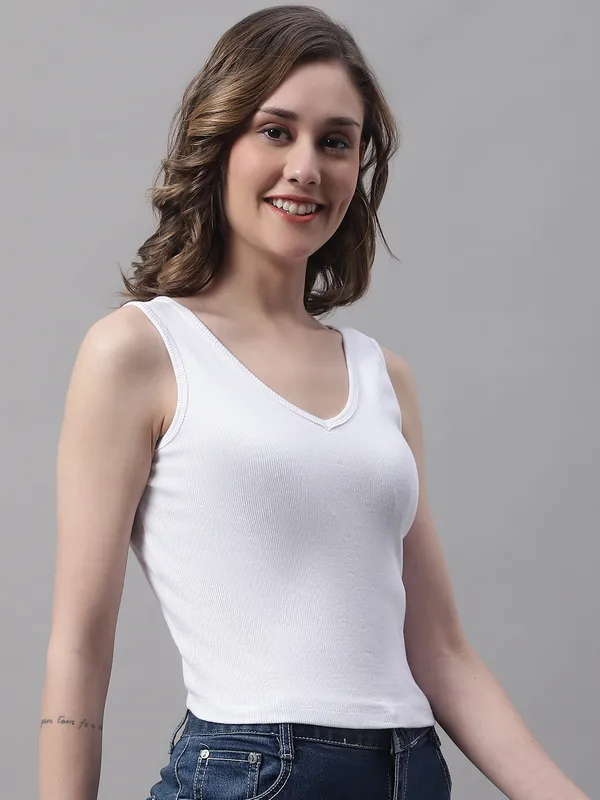 White_Cotton_Rib_Round_Neck_Sleeveless_Crop_Top_For_Women