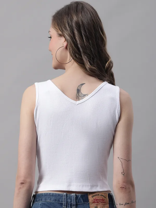 White_Cotton_Rib_Round_Neck_Sleeveless_Crop_Top_For_Women