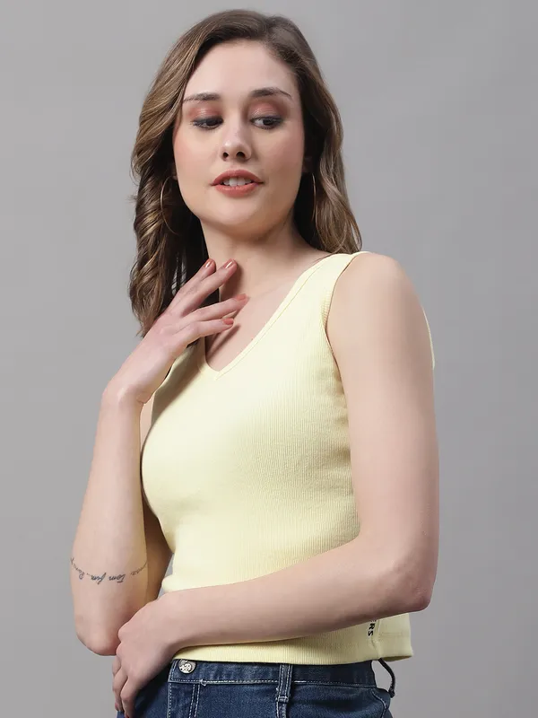 Yellow_Cotton_Rib_Round_Neck_Sleeveless_Crop_Top_For_Women