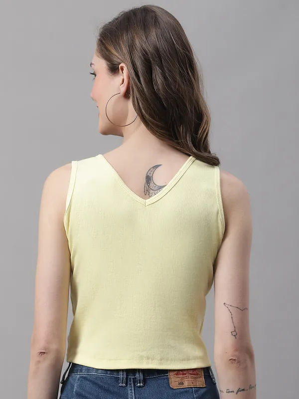 Yellow_Cotton_Rib_Round_Neck_Sleeveless_Crop_Top_For_Women