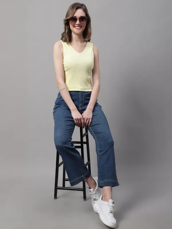 Yellow_Cotton_Rib_Round_Neck_Sleeveless_Crop_Top_For_Women