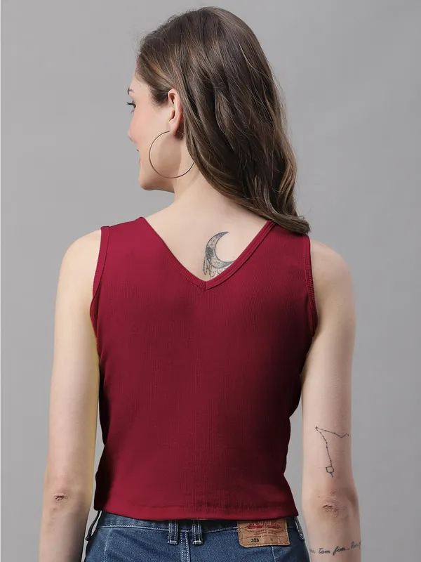 Maroon_Cotton_Rib_Round_Neck_Sleeveless_Crop_Top_For_Women