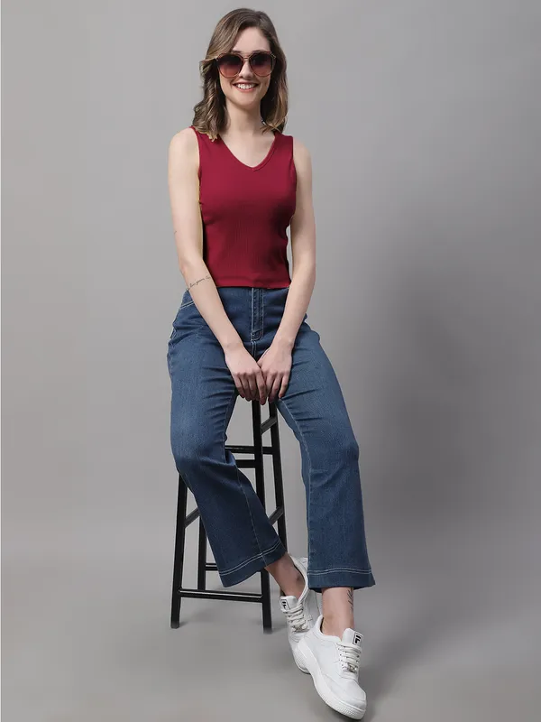 Maroon_Cotton_Rib_Round_Neck_Sleeveless_Crop_Top_For_Women