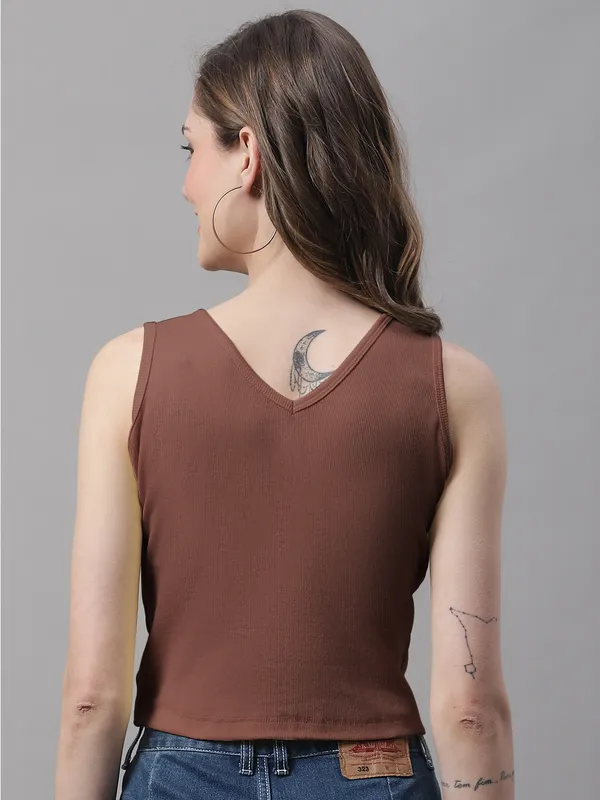Brown_Cotton_Rib_Round_Neck_Sleeveless_Crop_Top_For_Women