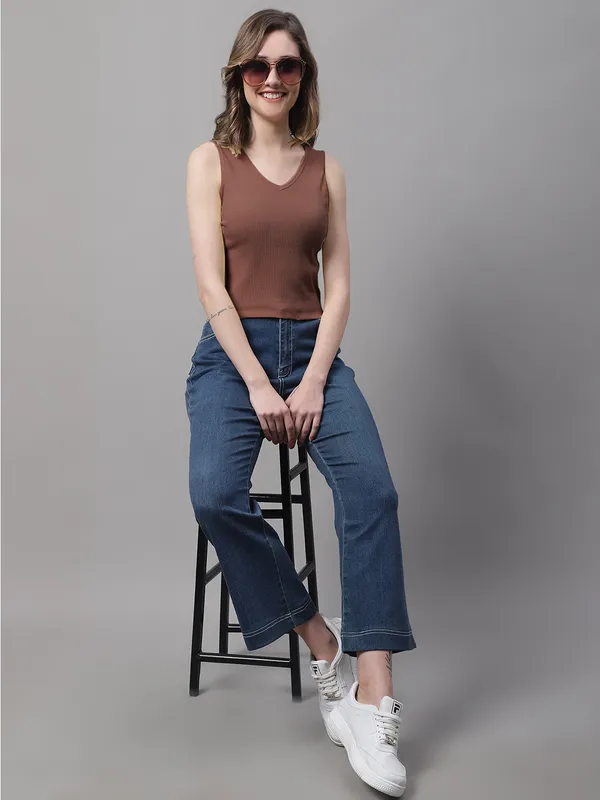 Brown_Cotton_Rib_Round_Neck_Sleeveless_Crop_Top_For_Women