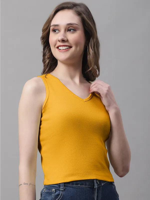 Gold_Cotton_Rib_Round_Neck_Sleeveless_Crop_Top_For_Women