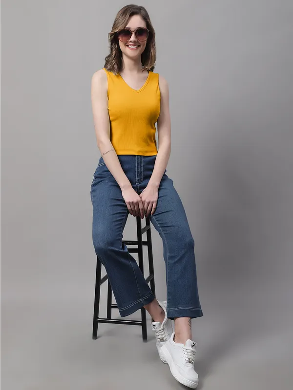 Gold_Cotton_Rib_Round_Neck_Sleeveless_Crop_Top_For_Women