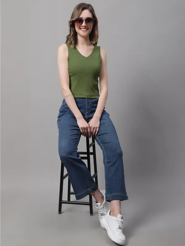 Olive_Cotton_Rib_Round_Neck_Sleeveless_Crop_Top_For_Women