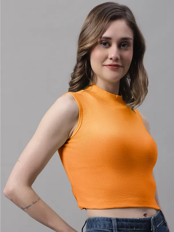 Orange_Cotton_Rib_Turtle_Neck_Crop_Top_For_Women