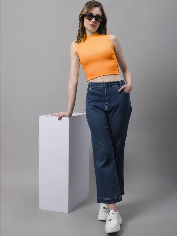 Orange_Cotton_Rib_Turtle_Neck_Crop_Top_For_Women
